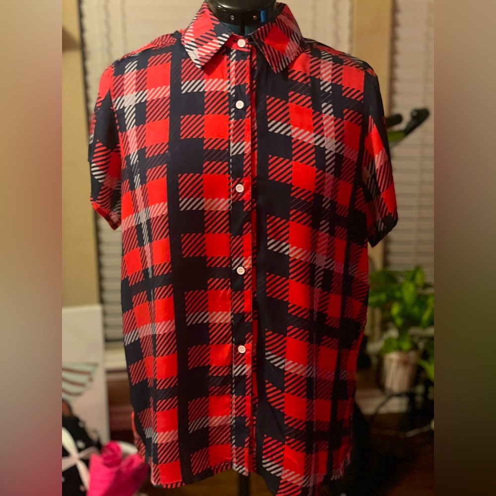 Tipsy Elves button down shirt in red and blue